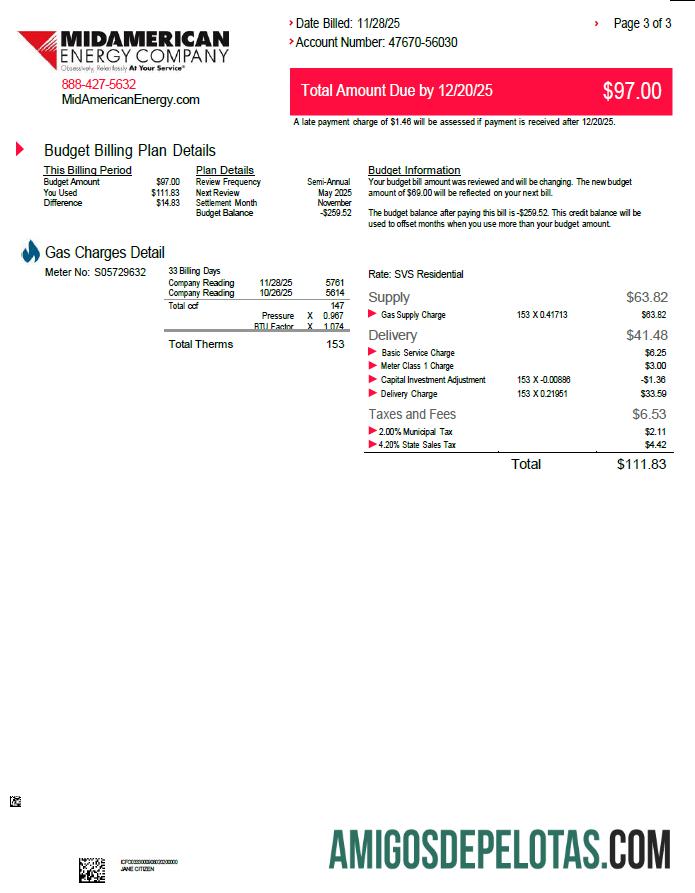 realista Modelo de conta de serviços públicos da USA MidAmerican Energy Company em formatos Word e PDF, 3 páginas, 3ª página